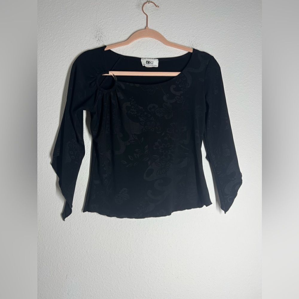 Californiagrown Y2K Square neck 2/3 sleeve Black Top Floral Dust Print Size S